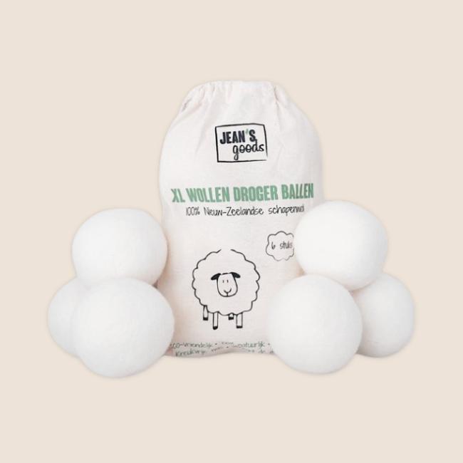 6 XL wollen drogerballen van Jean's goods van 100% schapenwol voor in de droger voor kreukvrije was