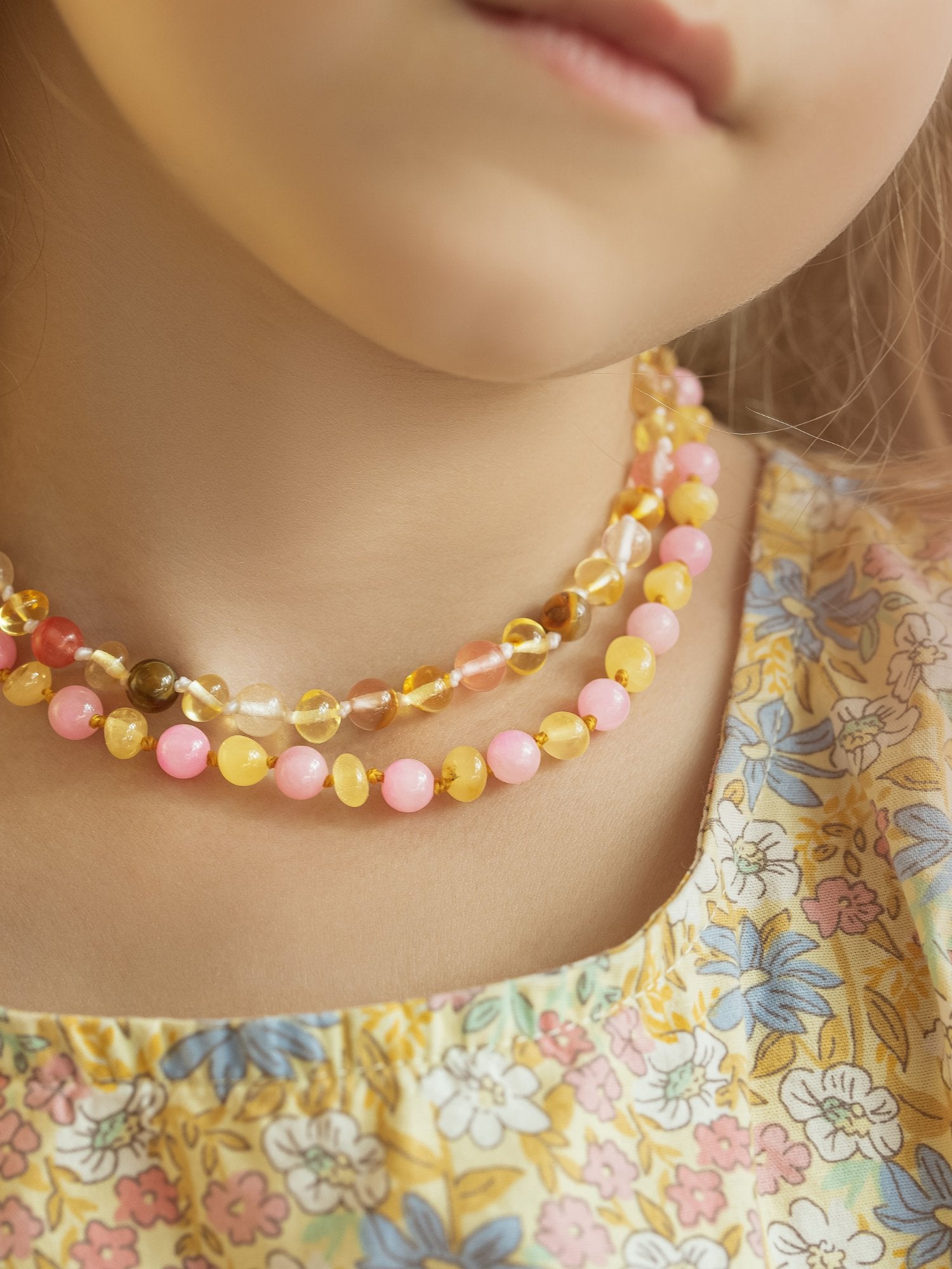 Barnsteen ketting kind - lemon en rozenkwarts - 32 cm - Jean's goods