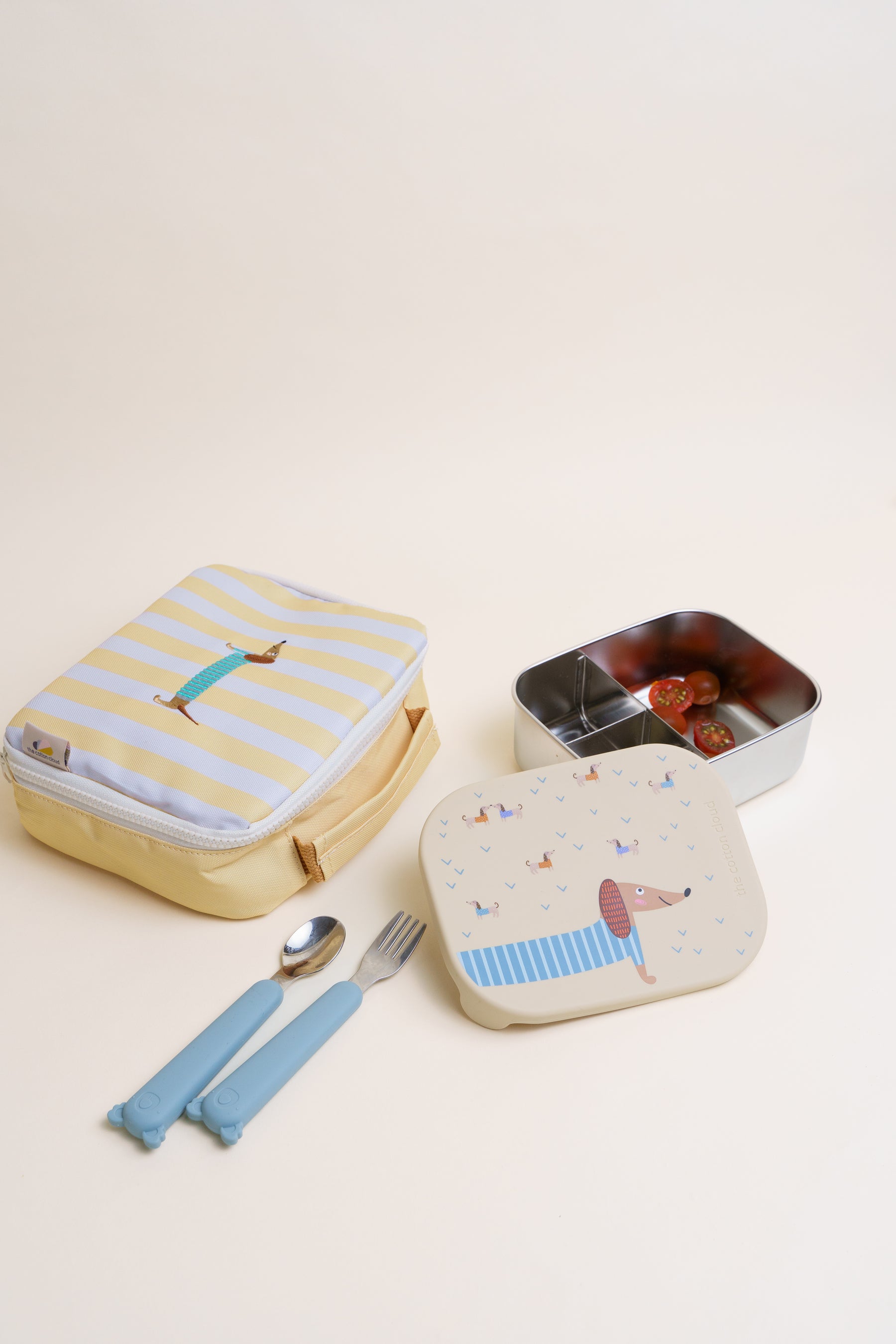 RVS Broodtrommel, RVS Lunchbox, Broodtrommel Met Vakjes, Broodtrommel Vakjes, Teckel, Creme, The Cotton Cloud